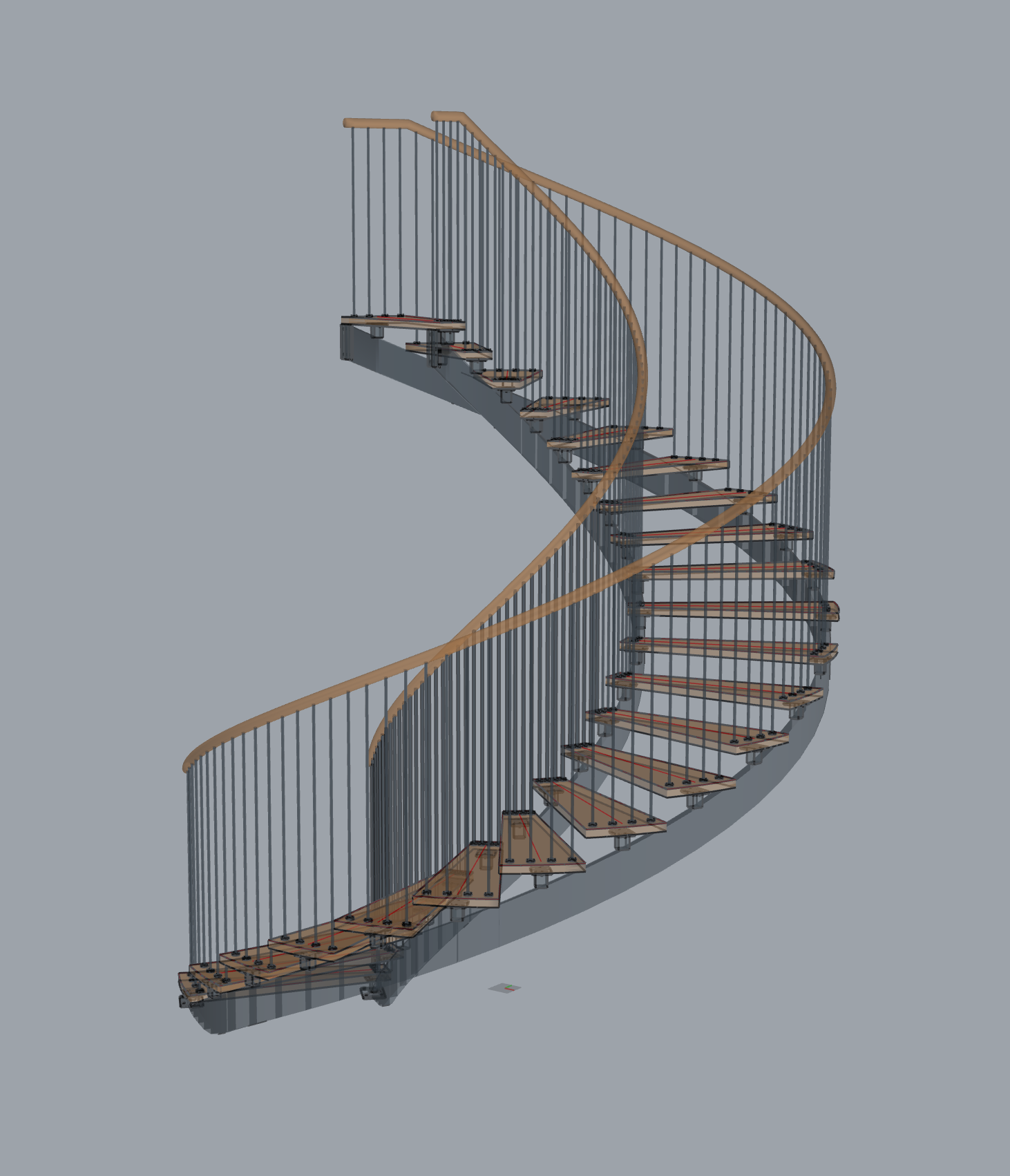 The image presents a 3D rendering of a spiral staircase. The staircase is composed of wooden treads and metal handrails, with the handrails painted in a warm brown color. The staircase is set against a gray background, which highlights the staircase's design. The staircase is depicted in a curved, spiraling motion, wit