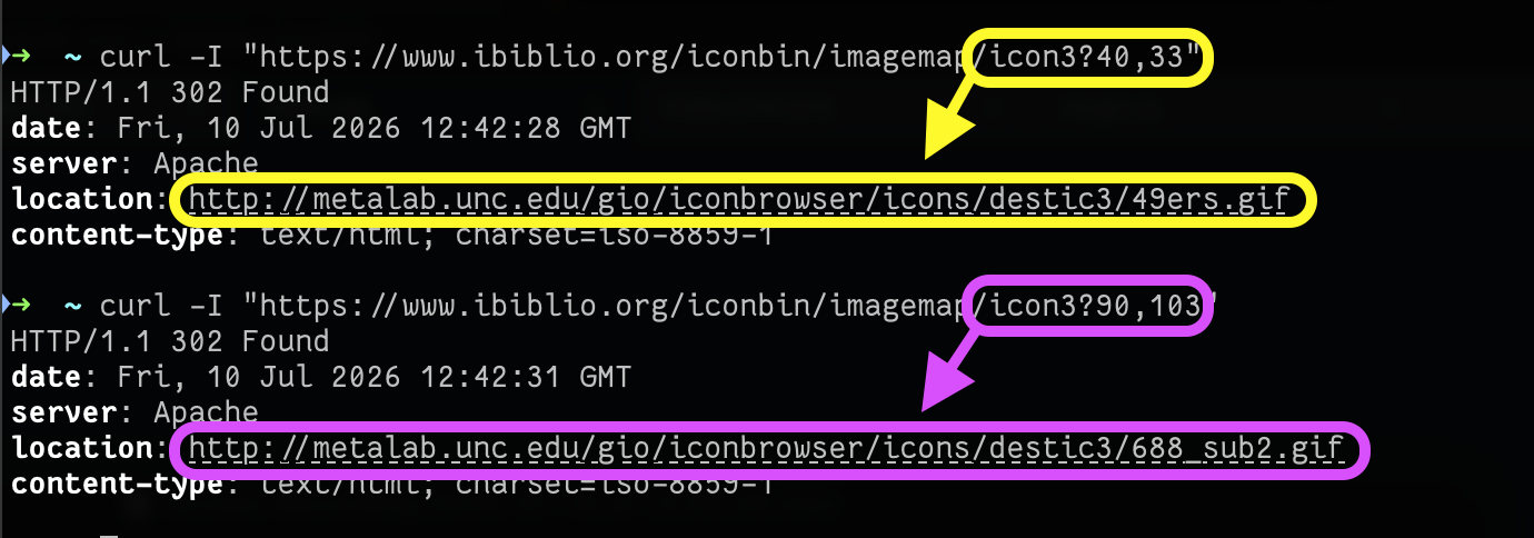 The image shows a terminal window displaying a web server running on Apache. The server is running on a Linux-based system and is located at http://metlab.unc.edu/gio/iconbrowser/icons/destic3/49ers.gif. The URL being displayed is http://www.ibiblio.org/iconbin/iconmap/icon3/49ers.gif. The server's content-type is text