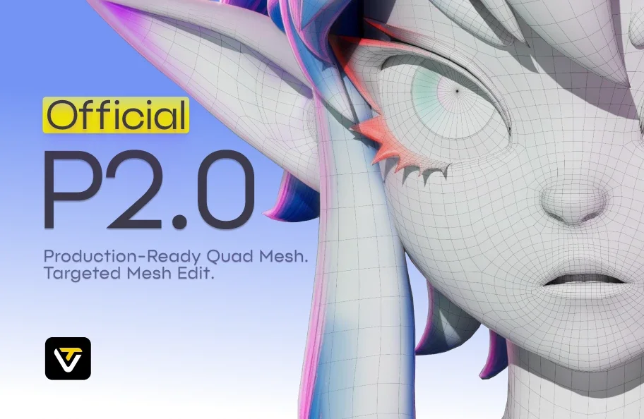 The image is a promotional graphic for the video game "P2.0". The central focus is a 3D rendering of a female character with pointed ears, a large eye, and a distinctive red and pink design on her face. The character is wearing a light blue/teal outfit. The background is a gradient of blue and white, providing a contra