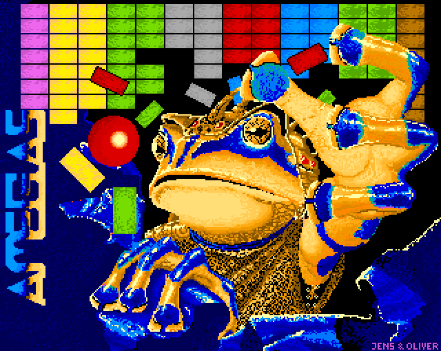 The image is a vibrant pixel art depiction of a frog, rendered in a striking combination of blue and gold. The frog is positioned centrally, with its left hand raised in a gesture that could be interpreted as a wave or a peace sign. The frog's right hand is resting on its head. The background features a grid of colorfu