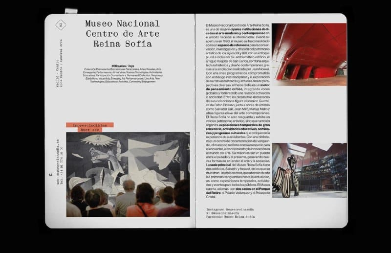 The image shows a two-page spread from a book or magazine, featuring a vibrant red and white color scheme. The left page displays a photograph of a group of people gathered in front of a large, abstract painting, titled "Impresiendibles Must-see" in Spanish. The right page contains a text excerpt from the book, written