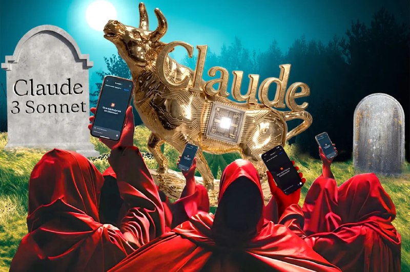 The image depicts a surreal scene with a golden cow statue, seemingly made of metal, standing in a graveyard. The cow is adorned with a circuit board and a light, possibly LED, component on its side. The words "Claude" and "3 Sonnet" are inscribed on a stone headstone in the background. In the foreground, three individ