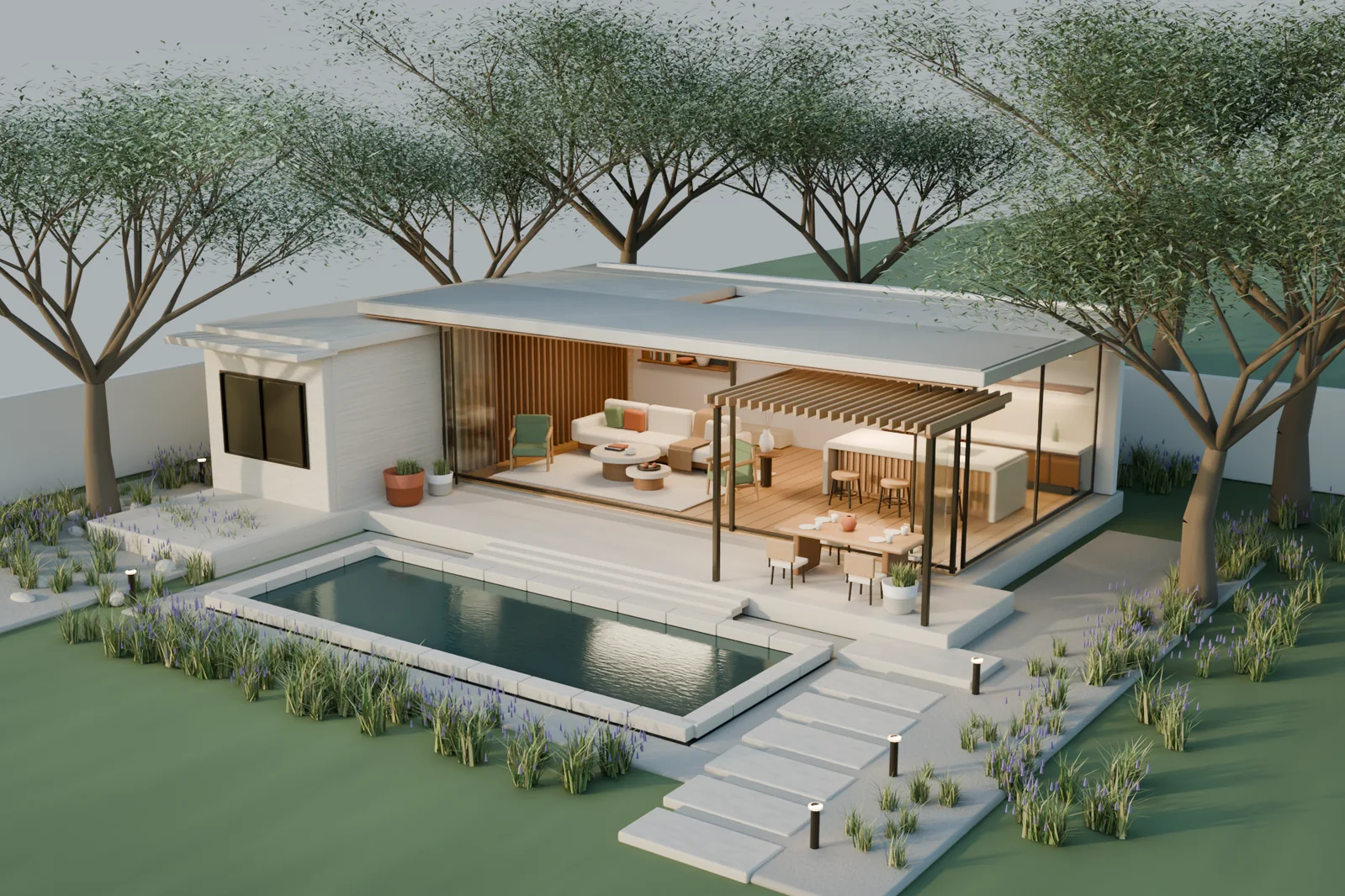 The image presents a modern house with a white exterior and a gray roof, nestled amidst a lush green lawn. The house features a large glass door that opens up to a patio area, which includes a seating area with a sofa, a coffee table, and a dining table with chairs. A wooden pergola provides shade over the patio. A sma