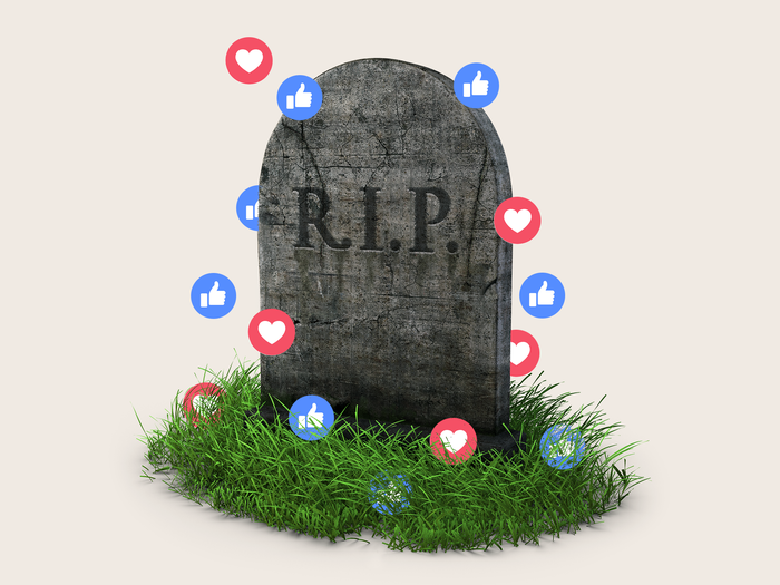 The image presents a gray gravestone with the word "R.I.P." inscribed on it, standing on a bed of green grass. The gravestone is surrounded by a scattering of red and blue hearts, each with a thumbs-up emoji, creating a visual representation of a social media post or message. The image is set against a light beige back