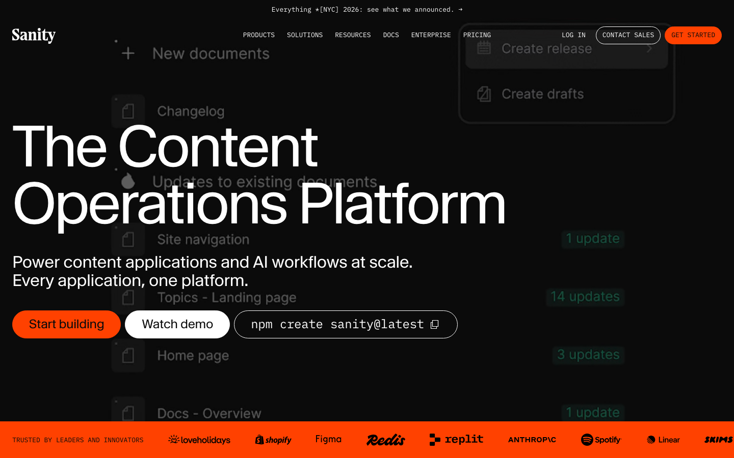 The image showcases the "The Content Operations Platform" (COP) from Sanity, a company that specializes in content management and operations software. The COP is a platform designed to manage and organize content, including documents, websites, and applications. The image is divided into two sections: the left side dis