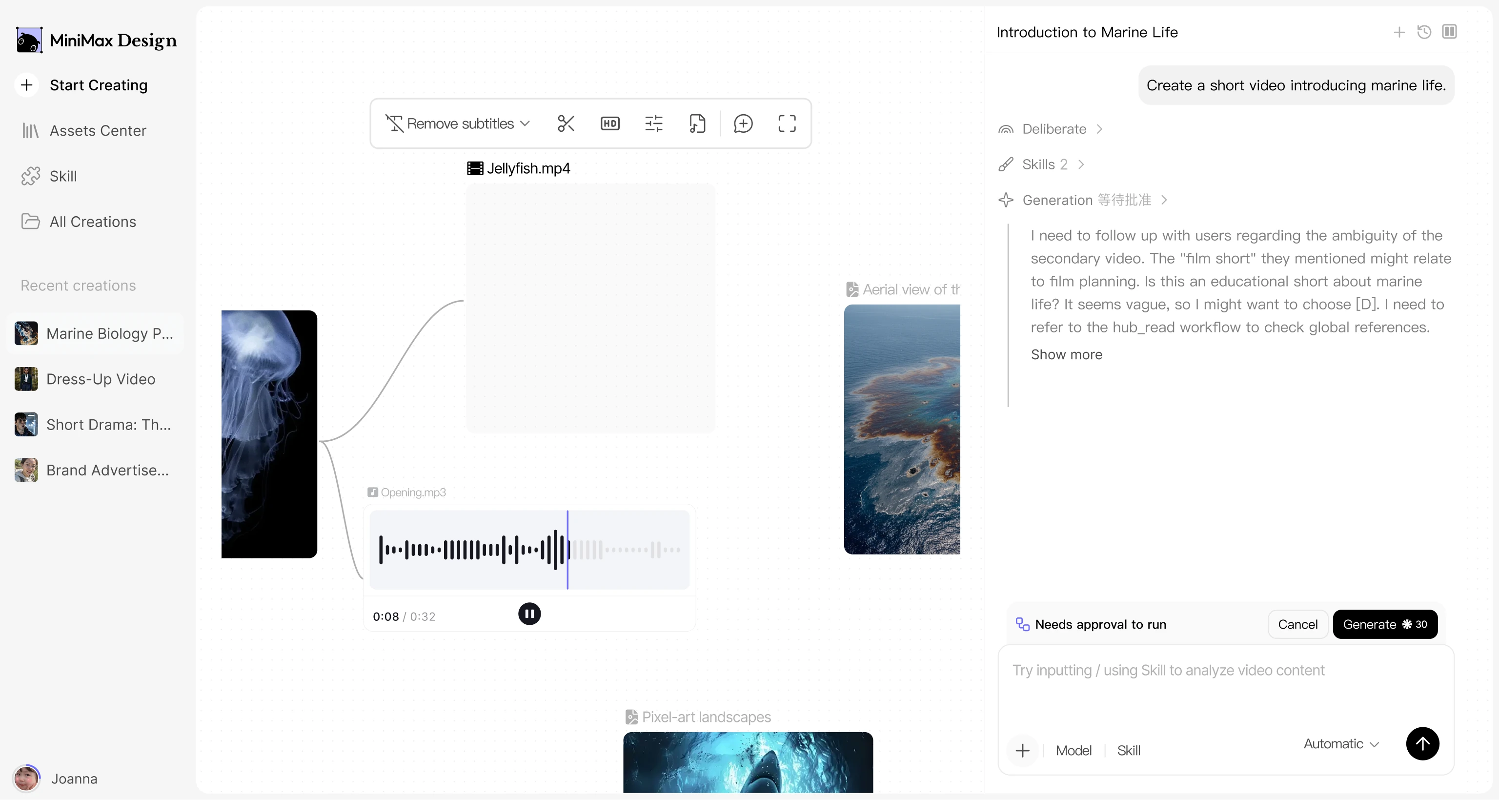 The image shows a video editing interface within a video editing application, likely Minimax Design. The interface is divided into two main sections: "Start Creating" and "Recent Creations". The "Recent Creations" section displays a video titled "Jellyfish.mp4" with a duration of 0:08:32. The video features a close-up 