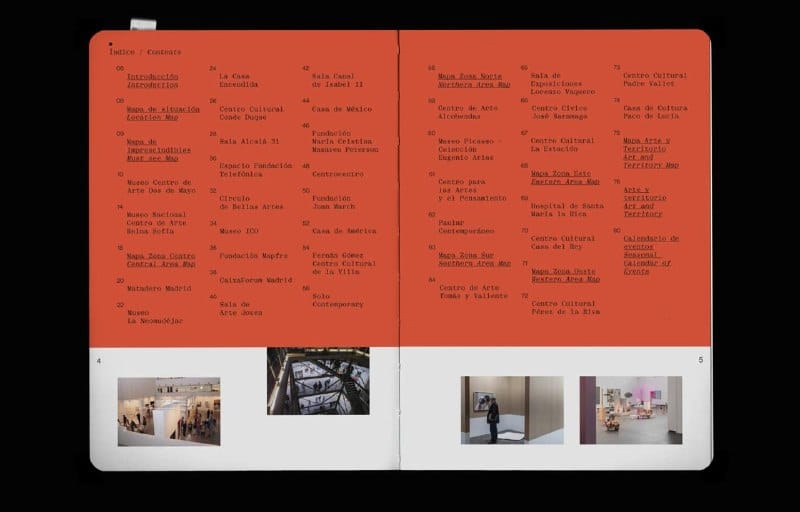The image shows a two-page spread from a book or magazine, featuring a vibrant orange background with black text. The left page is titled "Index: Contenidos" and contains a list of contents, including introductions, maps, and descriptions of various artworks and cultural events. The right page is titled "Index: Conteni