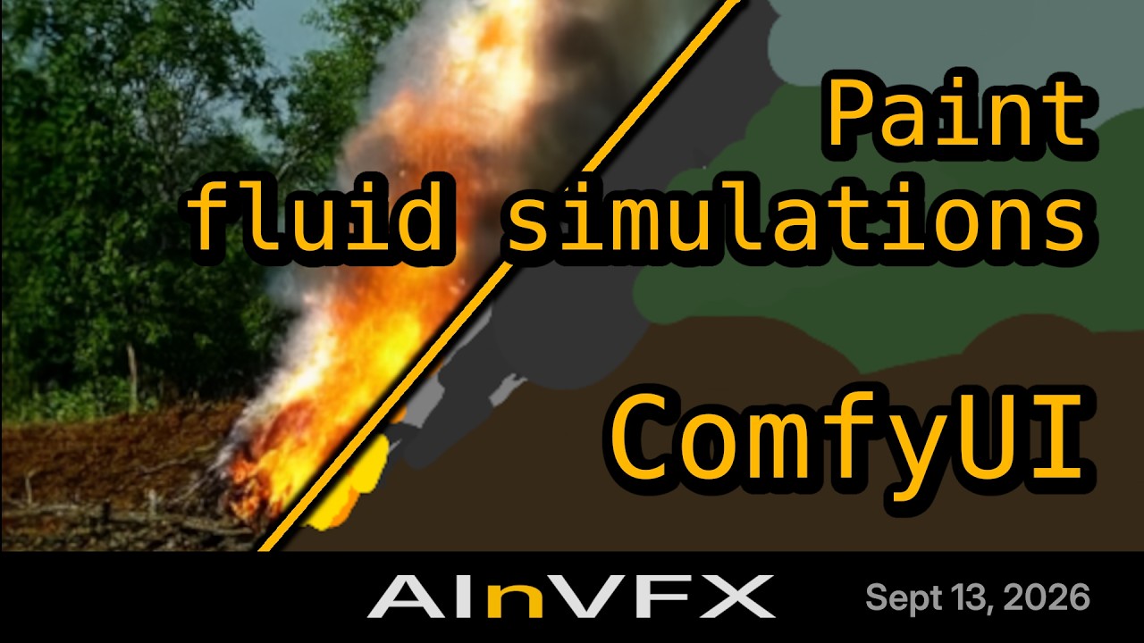 The image is a promotional graphic for an event titled "ComfyUI" that took place on September 13, 2026. The event is described as a "Paint Fluid Simulations" and "ComfyUI" event, suggesting a blend of design and user experience. The graphic features a vibrant yellow and orange flame against a backdrop of a green field,