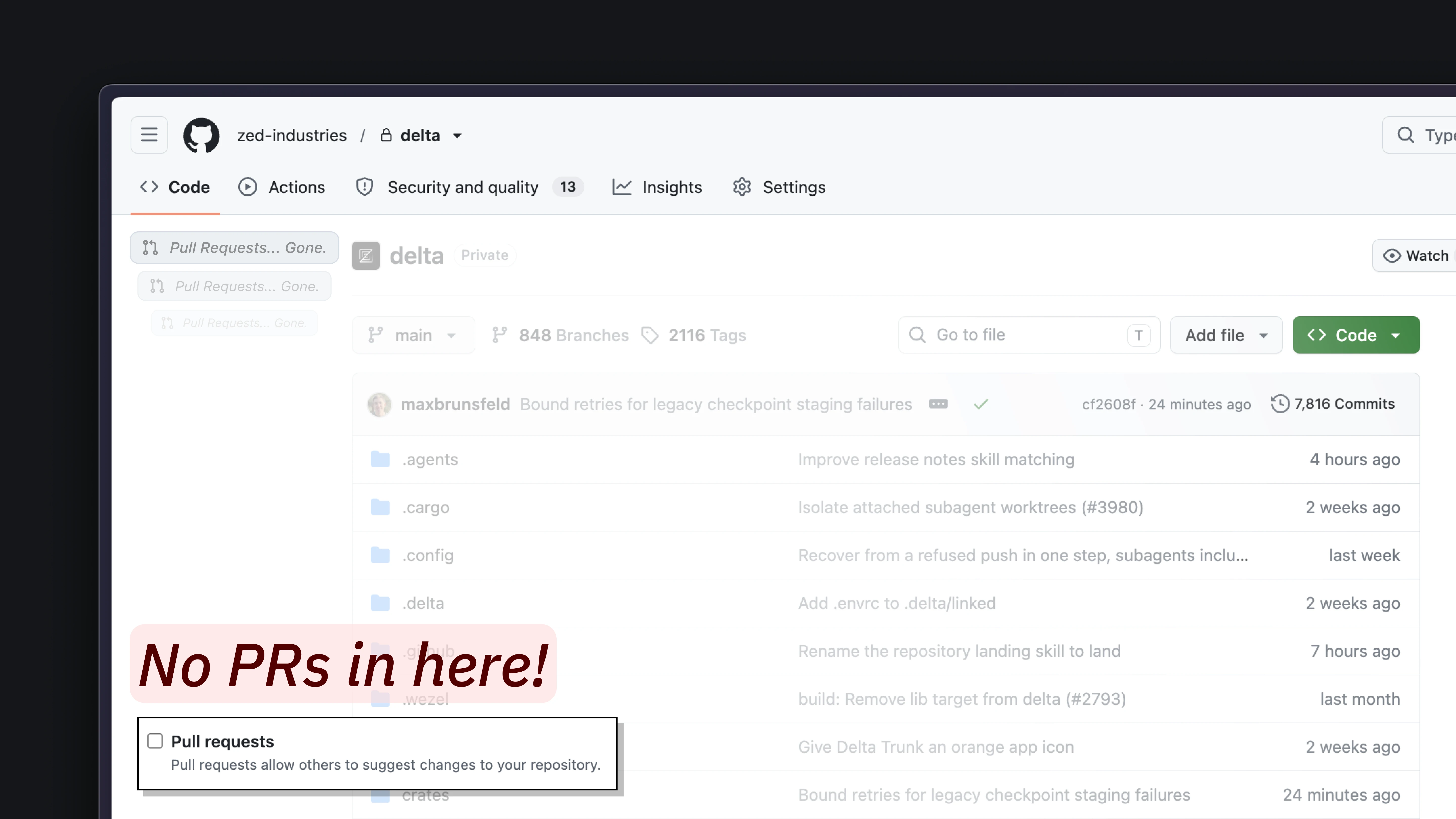 The image shows a code editor with a list of pull requests and their corresponding status updates. The code editor is open to a section labeled "Pull Requests" and displays a list of pull requests with their status updates. The code editor is organized into a sidebar with tabs for "Code", "Pull Requests", "Status", "Se