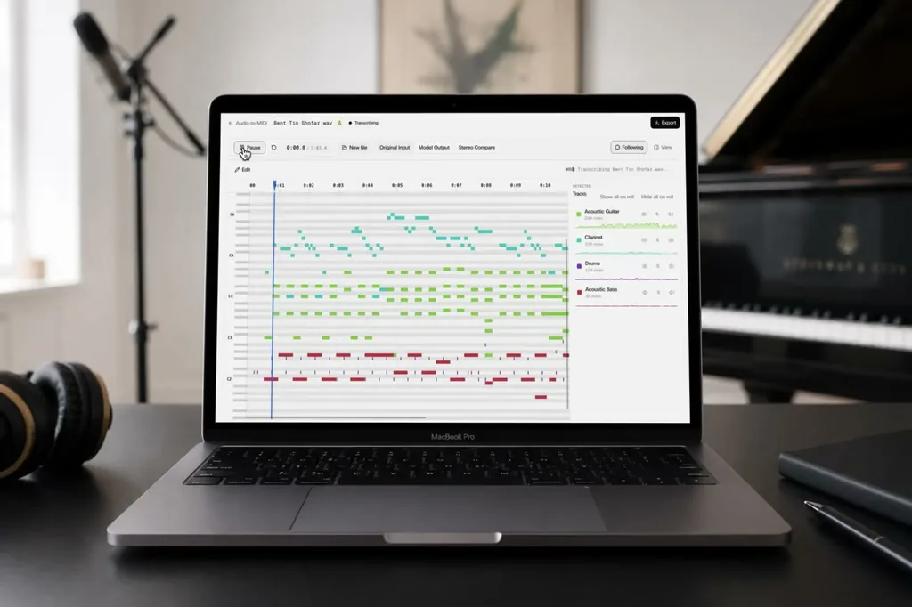 The image shows a silver MacBook Pro laptop resting on a black desk. The laptop screen displays a music production software interface, likely for a digital audio workstation (DAW). The interface shows a progress bar, a timeline, and a list of tracks, including "transcriber Ben Tint Shawar", "Acoustic Guitar", "Drums", 