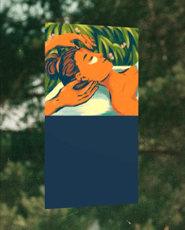 The image depicts a woman reclining in a white bathtub, her head resting on her hands. Her hair is styled in a loose updo. The bathtub is set against a backdrop of lush green foliage, with small pink flowers scattered throughout. The image is framed by a dark blue border. The woman's skin is depicted in a warm orange h