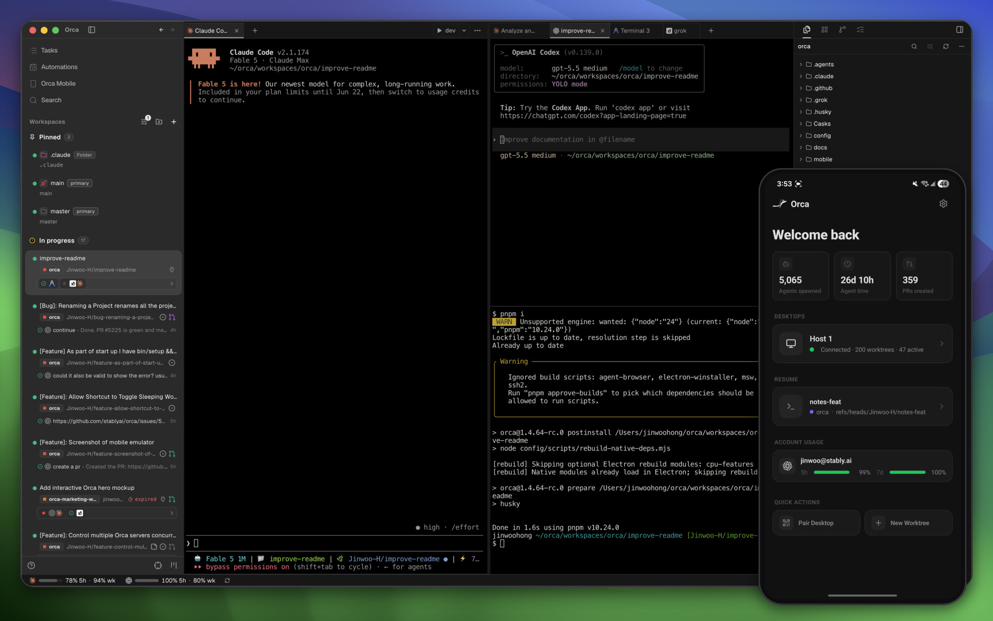 The image shows a screenshot of a Linux project management dashboard, likely from a Linux distribution like Ubuntu. The dashboard is divided into two sections, with the left section displaying the project's status and the right section showing the project's details. The left section includes tabs for "Clouade", "Orca",