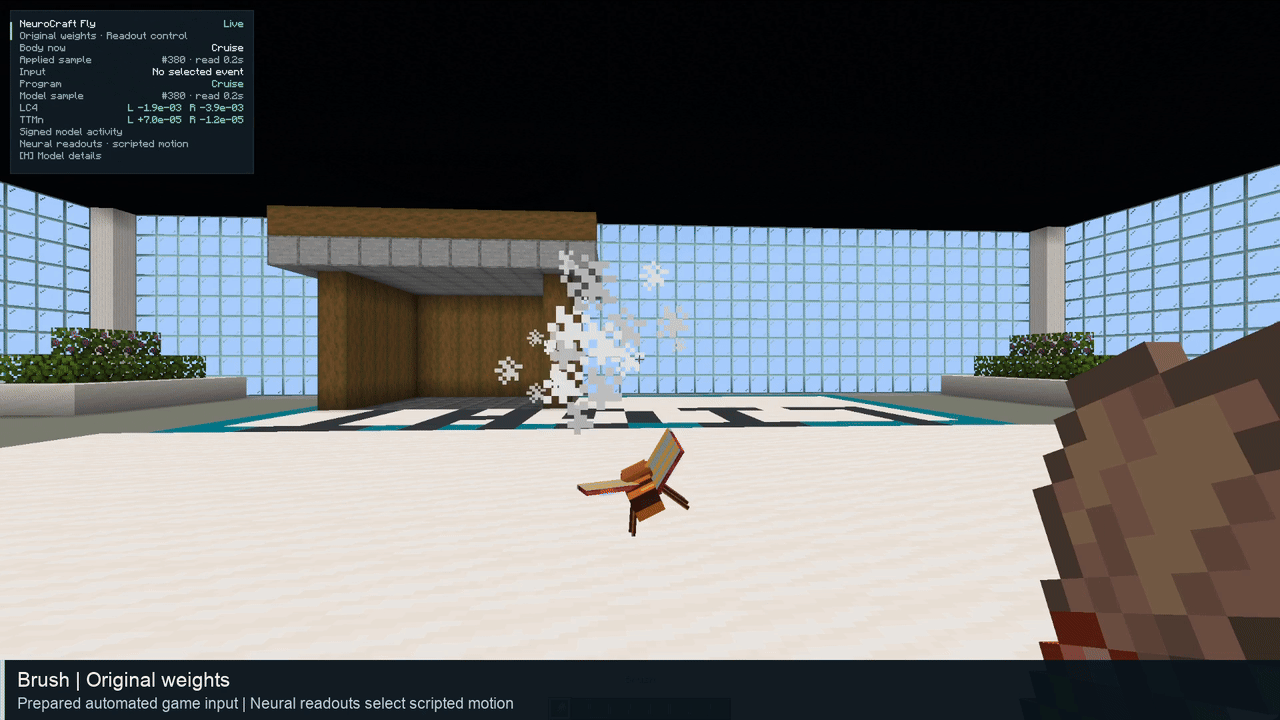 The image depicts a scene from a video game, likely Minecraft, set in a room with a large window and a tiled floor. The room features a wooden structure on the left and a white surface on the right, possibly a table or platform. A small, orange/brown chair is positioned on the white surface. A cloud of white particles,