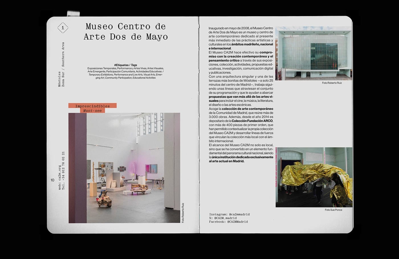 The image shows a two-page spread from a magazine or publication. The left page features a vibrant photograph of an art exhibition titled "Museo Centro de Arte Dos de Mayo", which translates to "Museum Center of Art in May". The right page contains a text description of the exhibition, written in Spanish. The text desc