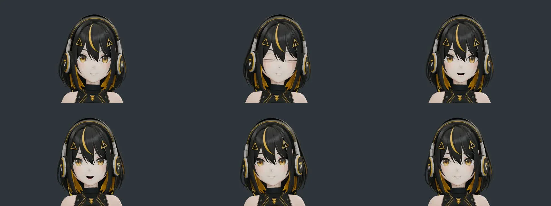 The image presents a 3D rendering of a female character with black hair and gold accents. She is wearing a black top with gold accents and black headphones. The character has a neutral expression. The image is divided into six sections, each showcasing a different pose and expression of the character. The background is
