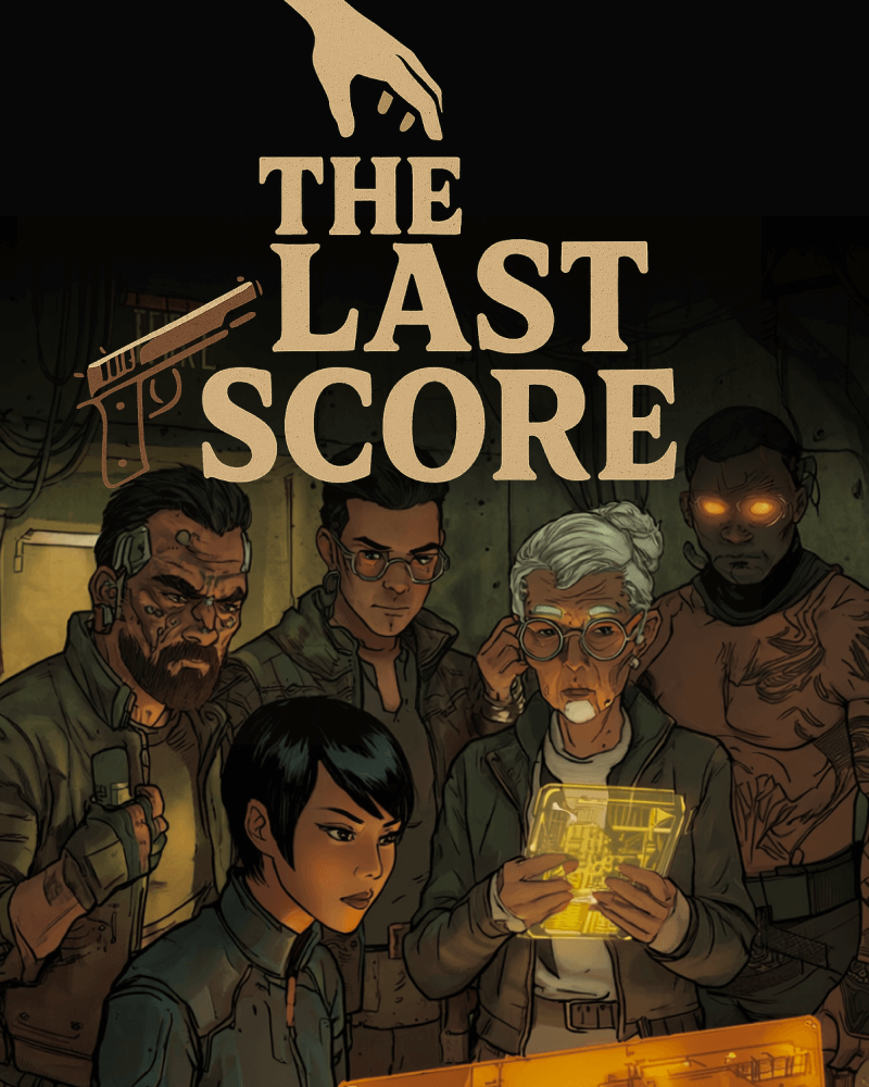 The image is a vibrant illustration featuring a group of characters in a dark, possibly underground or industrial setting. The title "THE LAST SCORE" is prominently displayed in large, bold letters at the top of the image. The characters are depicted in a style reminiscent of comic books or graphic novels, with a varie