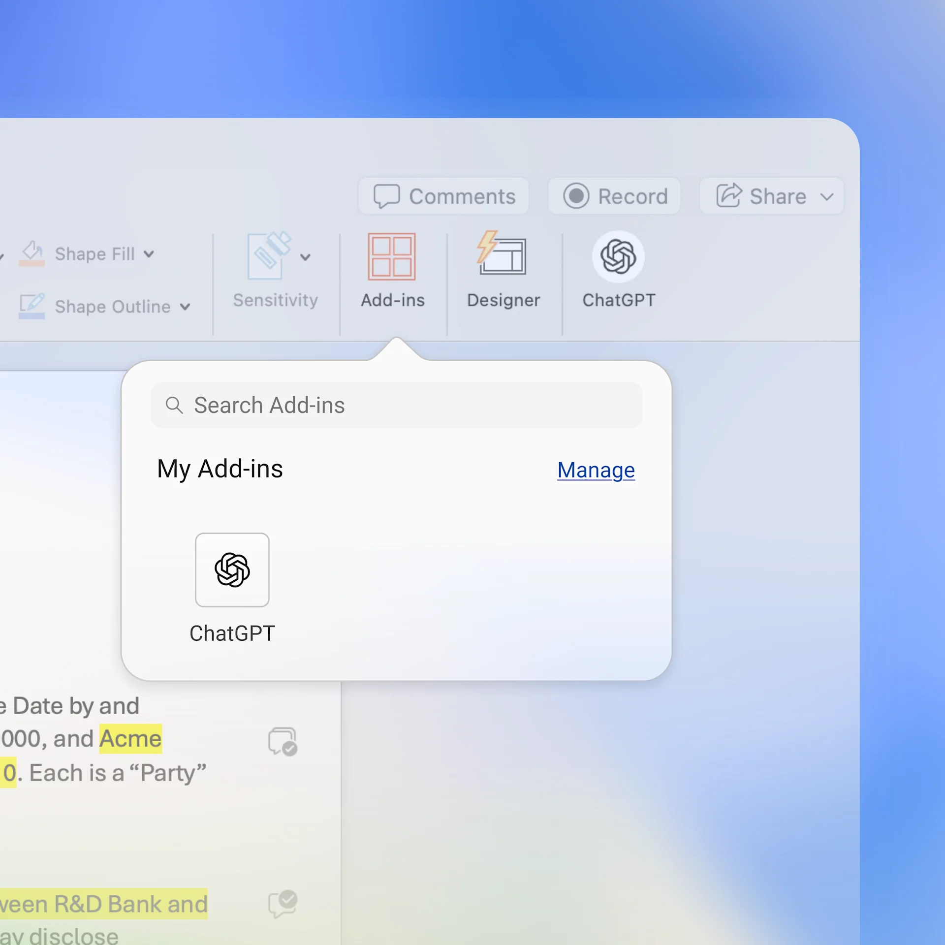 The image shows a screenshot of a Mac computer screen displaying a chat window. The chat window is centered and features a white background with a blue header. The chat window is currently open and contains a message from Acme, which is a company that specializes in R&D. The message is enclosed in a blue box and includ