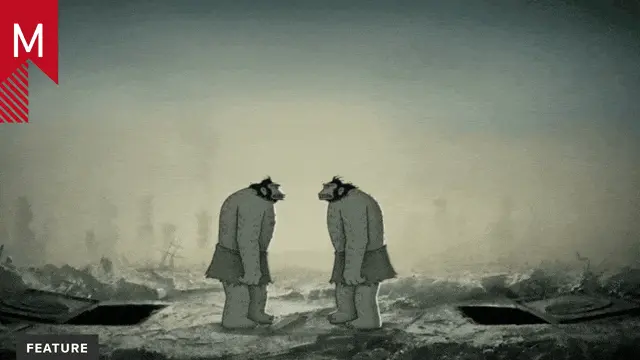 The image depicts two anthropomorphic gray cavemen standing in a desolate landscape. They are facing each other, their heads close together, suggesting a moment of shared experience or connection. The cavemen are wearing simple, dark-colored clothing. The landscape is a muted gray and white, with a hazy or foggy atmosp