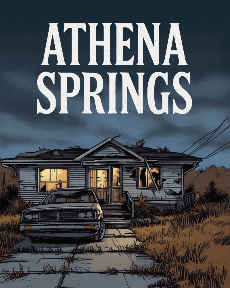The image depicts a dilapidated house with a damaged roof and boarded-up windows, situated in a rural setting. The house is surrounded by overgrown vegetation, including tall grasses and weeds. A car is parked in front of the house, and power lines are visible in the background. The sky is dark and cloudy, and the hous