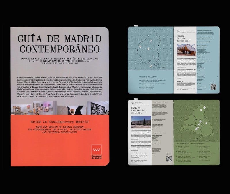 The image presents a book titled "Gua de Madrid Contemporâneo" with a red cover, standing upright on a black background. The book cover features a map of Madrid, highlighting its location in the region of Madrid. The title is prominently displayed in white text, and the subtitle "Contemporâneo de Madrid a traves de esp