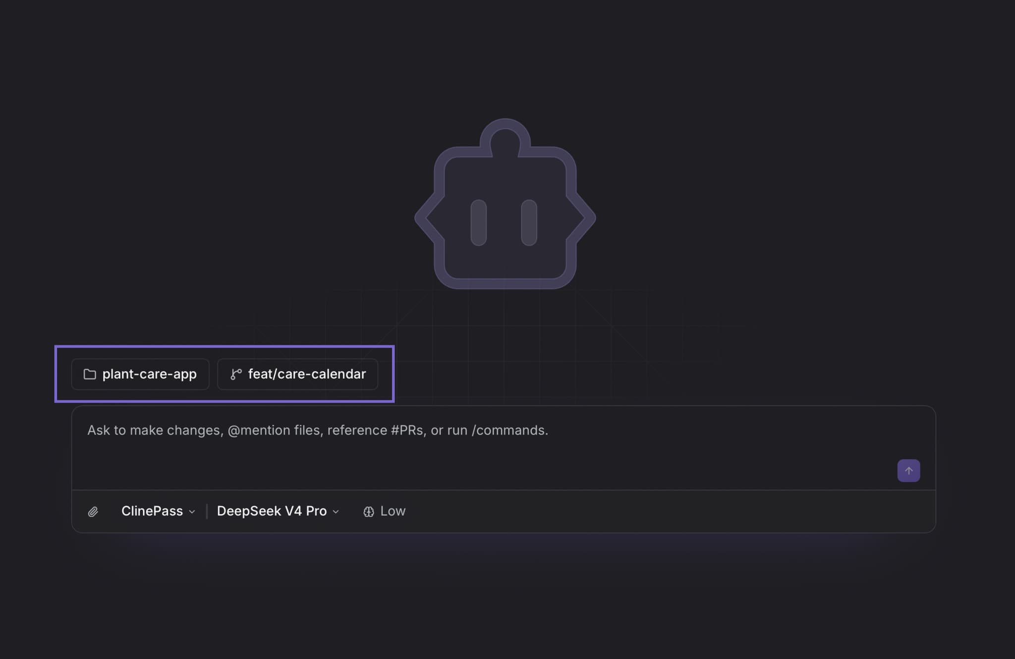 The image presents a dark purple/blue button with a white outline, centrally positioned against a black background. The button has a rounded rectangular shape with a small, stylized face-like design in the center. To the left of the button, there is a text box containing the text "plant-care-app" in white, followed by