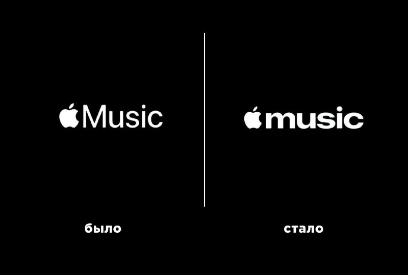 The image presents a striking contrast of two logos against a black background. On the left, the Apple logo is displayed in white, with the word "Music" written in white below it. On the right, the Apple logo is also in white, with the word "music" written in white below it. The logos are positioned side by side, with 