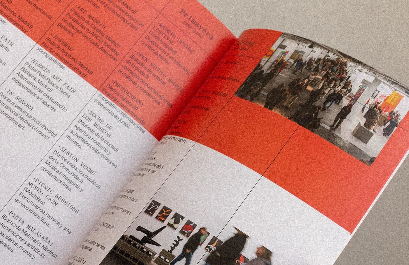 The image shows an open book with a striking red and white color scheme. The left page features a list of events and performances, including "Festival de Madrid", "Open Studio", "Festival de Madrid", "Lobos Muos", "Picnic Sessions", and "Sessions Verde". The right page showcases a photograph of a bustling art gallery, 