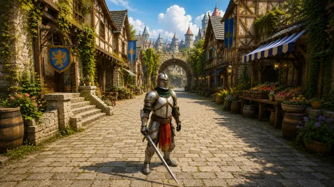 The image depicts a medieval-style street scene. A knight in full armor, holding a sword, stands in the center of the street, facing the viewer. The street is lined with stone buildings, some of which have blue and white striped awnings, and features stone steps leading up to the entrances. The buildings are adorned wi