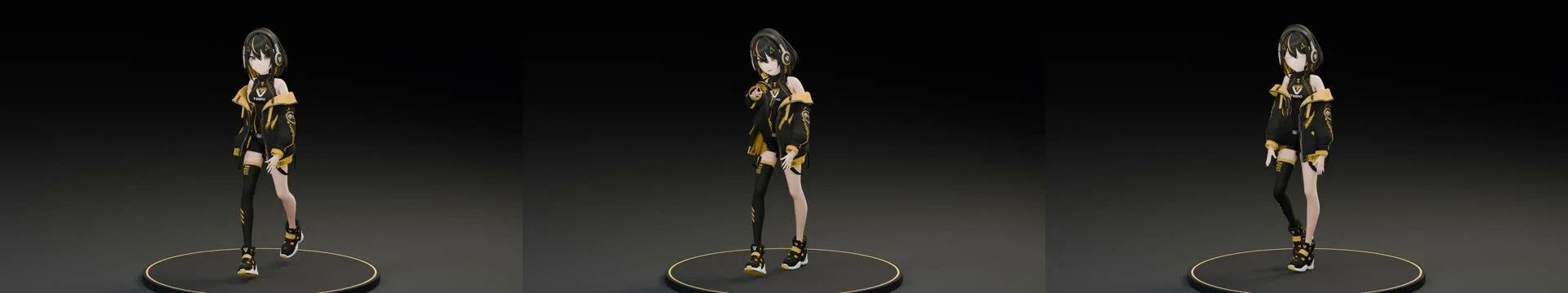 The image presents a 3D rendering of a female character with dark hair and a black and yellow outfit. She is standing on a circular platform with a gold border, which is set against a black background. The character is depicted in a dynamic pose, with her arms raised and legs slightly bent, suggesting movement. The ima