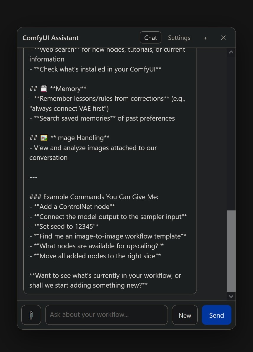 The image shows a chat window from the ComfyUI Assistant. The chat interface is primarily black with white text, and it is set against a dark background. The chat window is divided into two sections: the left section contains a list of commands and the right section displays a chat window with a blue "Send" button. The