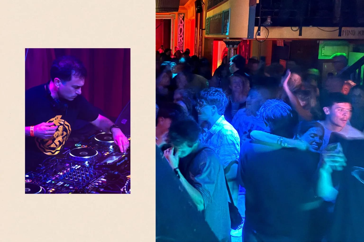The image is a collage of two distinct scenes. On the left, a DJ is seen in a dimly lit room, wearing a black t-shirt with a graphic design and headphones. He is standing behind a DJ mixer, which is illuminated by a mix of purple and blue lights. On the right, a lively crowd of people is gathered in a room with a red a