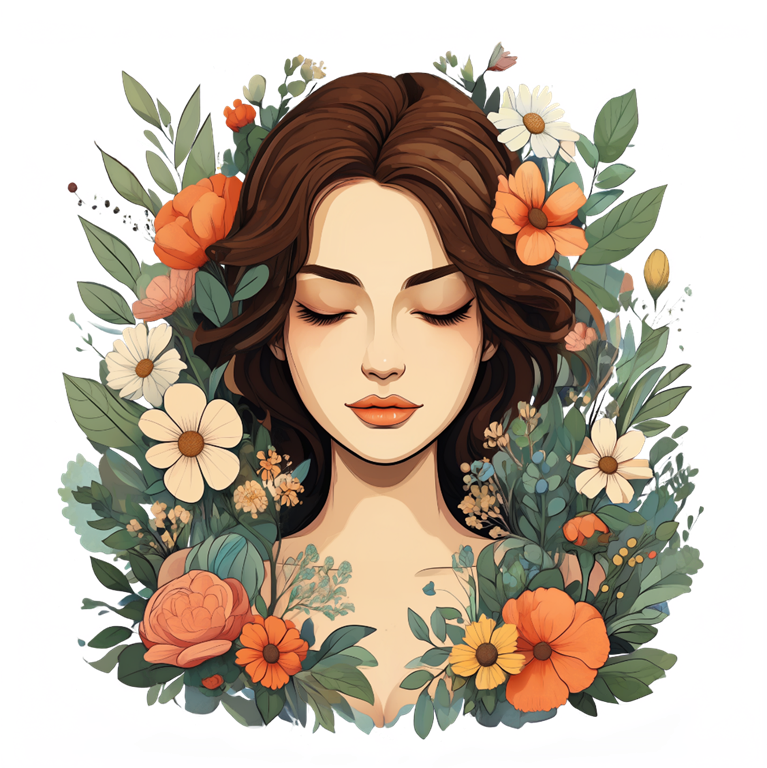 The image depicts a young woman with brown hair, her eyes closed, and a serene expression. She is adorned with a floral wreath composed of various flowers in shades of orange, white, and pink, interspersed with green leaves. The woman's face is centered in the image, and her neck and shoulders are visible. The backgrou