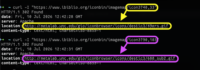 The image shows a portion of a terminal window displaying a code snippet. The code includes a URL, "https://www.ibiblio.org/ficobin/images/icon3/icon3.jpg", and a date, "Fri, 10 Jul 2026 12:42:28 GMT". The code also includes a server name, "Apache", and a location, "localhost:8080". The code is highlighted in yellow an