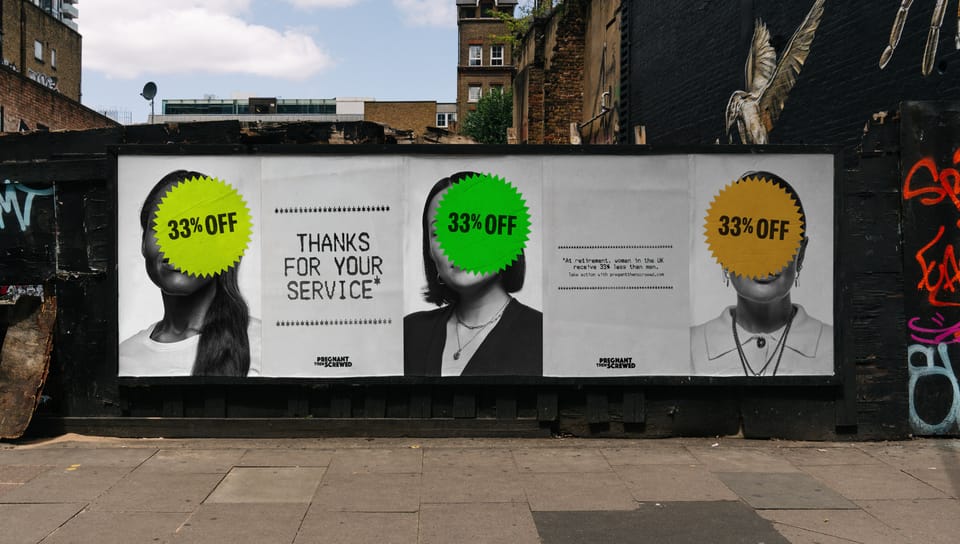The image shows a vibrant street scene dominated by a large billboard on a black wall. The billboard features three distinct sections, each with a different color scheme and design. The leftmost section is black and white, with a green circular sticker that reads "33% OFF". The middle section is white with a green circ