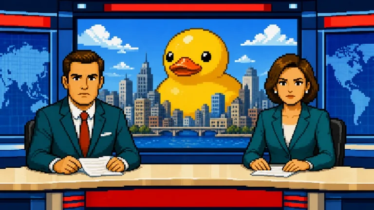 The image depicts a news studio set with a large, pixelated yellow duck as the central focus. The studio features a blue background with a world map and a cityscape in the background. Two individuals, a man and a woman, are seated at a desk in front of the studio, dressed in professional attire. The man is wearing a da